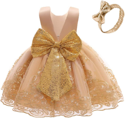 0-6T Big Bowknot Sequins Embroidered Lace Party Tutu Gown Toddler Baby Girls Dress with Headwear