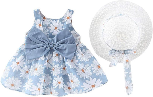 Baby Girl Tutu Dress Summer Sleeveless Backless Princess Birthday Party Dresses Flower Bow Sundress with Straw Hat Set