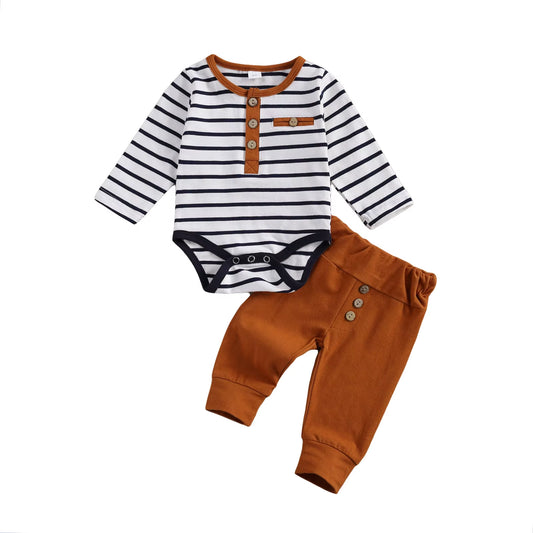 2 Pcs Baby Boy Girl Casual Suit Clothing round Neck Long Sleeve Stripe Romper Button Decoration Loose Trousers