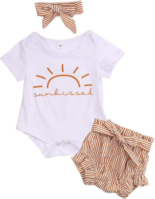 Infant Newborn Baby Girl Clothes Set Romper Jumpsuit with Ruffle Triangle Shorts Bottoms Headband 3Pcs Summer Outfit