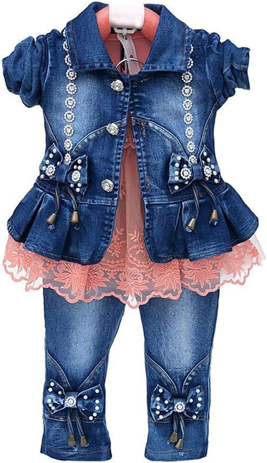 6M-4Years Spring Autumn Baby Girls Clothing Set 3Pcs Long Sleeve T-Shirt Denim Jacket and Jeans